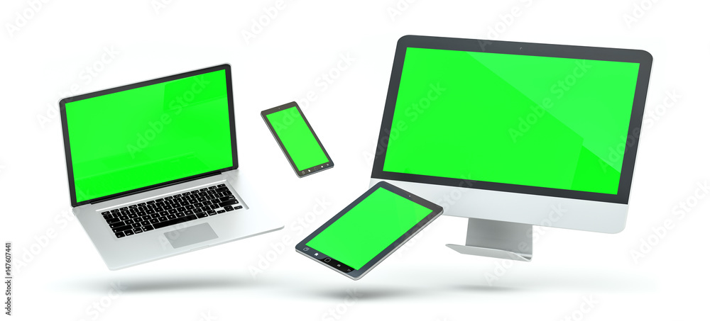 Poster modern computer laptop mobile phone and tablet floating 3d rendering