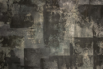 Photo of black, gray, off white (cream) and green abstract painting. Hand painted textured and grungy backdrop. Minimalist photograph.