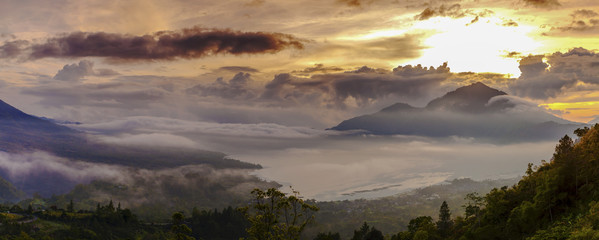 Naklejka na ściany i meble Majestic Landscape Batur Lake sunrise, Bali, Indonesia. Sunrise serenity mountain landscape