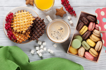 Coffee, juice and waffles