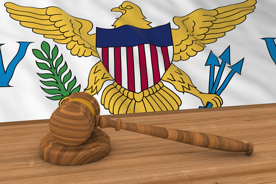 US Virgin Islands Flag Behind Judge's Gavel 3D Illustration