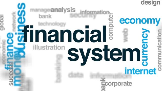 Financial system animated word cloud, text design animation.