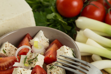 organic cheese and tomatoes salad on wooden table close up
