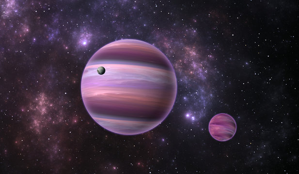 Extrasolar planet. Gas extrasolar planet with moon on background nebula, illustration © Peter Jurik