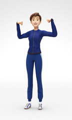Confident, Strong Jenny - 3D Cartoon Female Character Sports Model - Projects Power, Demonstrates Strength and Shows Muscles, in Athletic Gym Sweat Suit, Isolated on White Spotlight Background