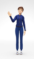 Pleased, Smiling Jenny - 3D Cartoon Female Character Sports Model - Waves Hello, in Athletic Gym Sweat Suit, Isolated on White Spotlight Background