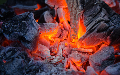 Smoldering ashes. Burning coal. BBQ barbecue.