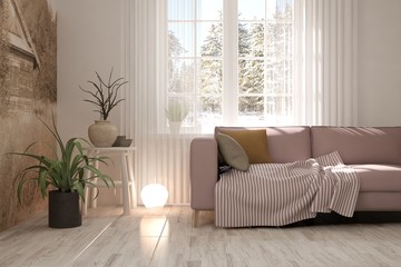 White room with sofa and winter landscape in window. Scandinavian interior design. 3D illustration