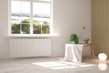 White empty room with green landscape in window. Scandinavian interior design. 3D illustration
