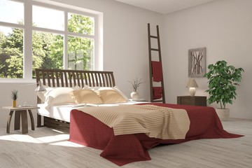 White bedroom with green landscape in window. Scandinavian interior design. 3D illustration