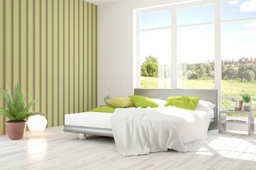 White bedroom with green landscape in window. Scandinavian interior design. 3D illustration