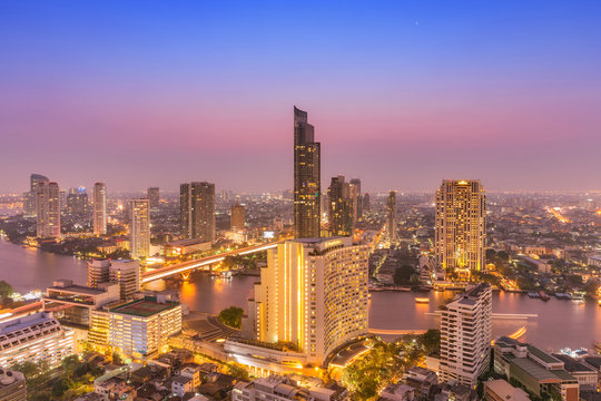 erial view cityscape and Chaophraya river in Bangkok, Thailand.