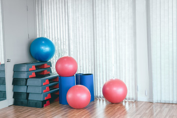 Workouts Equipment with Fit Ball ,Yoga Mat and Aerobic Step in Fitness Room