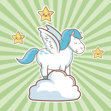 cute unicorn over cloud fantasy stars striped background
