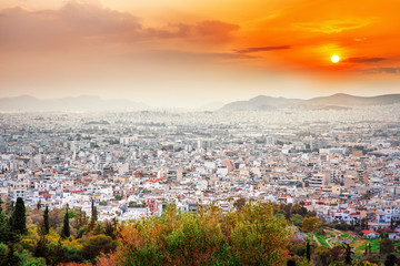 View over the Athens from Lycabettus hill at sunset, Greece.