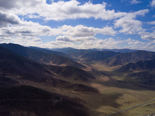 Altai mountains. Beautiful highland landscape. Russia. Siberia. Flight on quadcopter. Top view