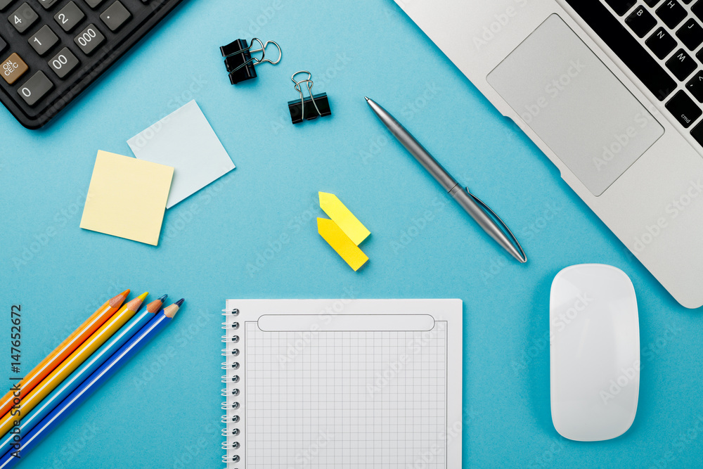 Poster start of morning work office desk with a computer laptop calculator pencil sheet paper notebook pen 