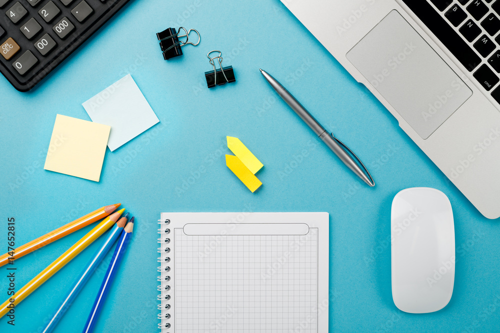 Aufkleber start of morning work office desk with a computer laptop calculator pencil sheet paper notebook pen 