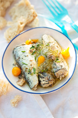 Sardines with garlic, lemon and roquito peppers 
