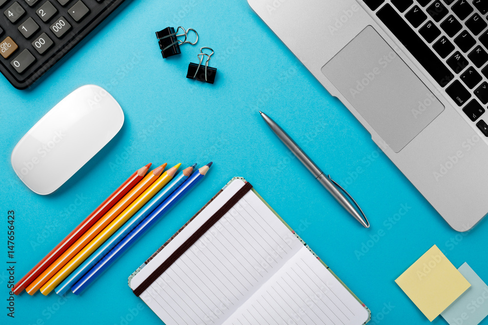 Poster start of morning work office desk with a computer laptop calculator pencil sheet paper notebook pen 