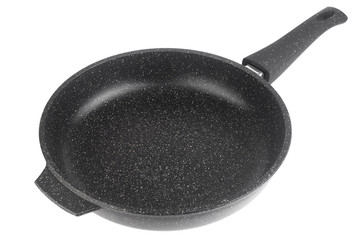 Black marble frying pan on white background, isolated
