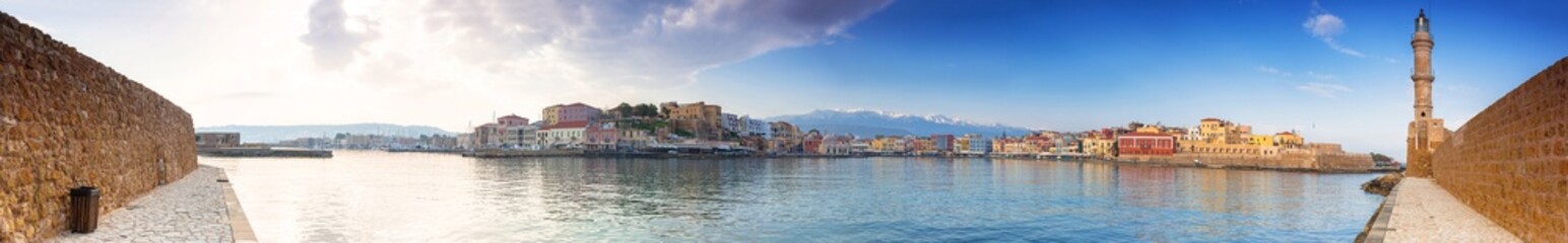 Naklejka na ściany i meble Panorama of the old Venetian harbour in Chania, Crete