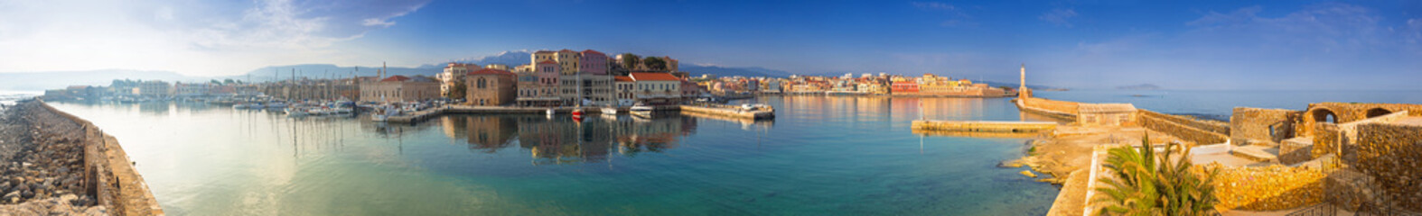Fototapeta na wymiar Panorama of the old Venetian harbour in Chania, Crete