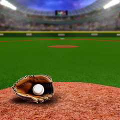 Naklejka premium Baseball Stadium With Glove and Ball With Copy Space