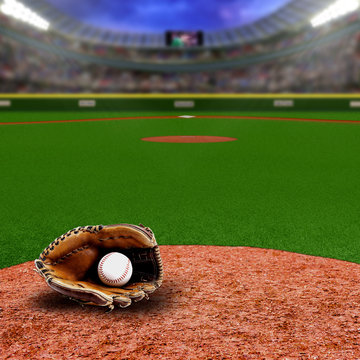Baseball Stadium With Glove and Ball With Copy Space