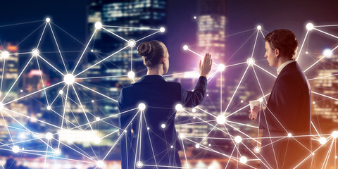 Concept of social connection and networking against night city v