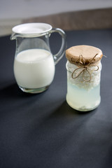 Sweet milk in the jug and home-made yoghurt