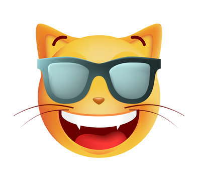 Cute Very Happy with Sunglasses Emoticon Cat on White Background. Isolated Vector Illustration 