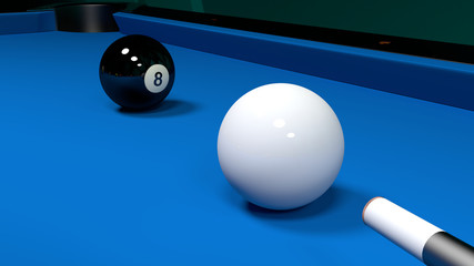 Billiard table with the white ball and the black eight