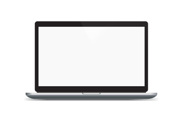 Realistic vector illustration of metal black and silver laptop with open blank display isolated on white background