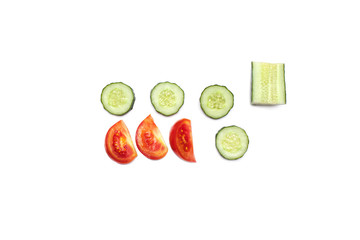 Sliced cucumber and tomato on a white background
