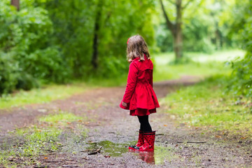 Little girl walking in the rain