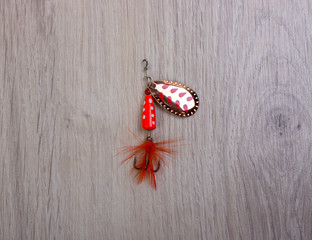 Fishing tools and accessories on a wooden background