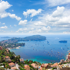 landscape of riviera coast and turquiose water of Mediterranean sea, cote dAzur at sunny summer day, French RIviera, France