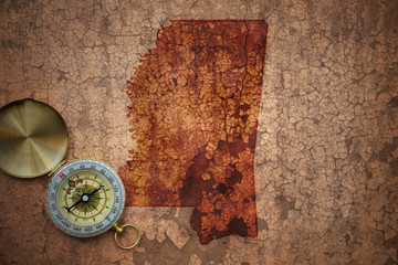 map of mississippi state on a old vintage crack paper