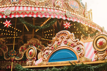 Carousel decorated in a Christmas style. Celebration concept.