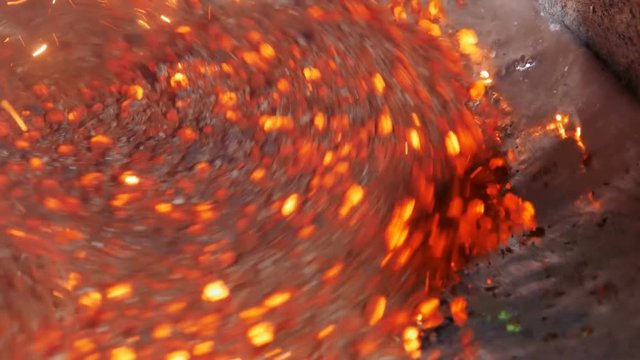 mixing red-hot aluminium in bowl in aluminium plant, close-up