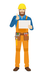 Worker holding a a paper and showing thumb up
