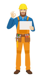 Worker holding a a paper and showing a okay hand sign