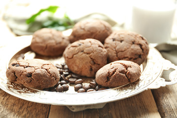 Tray with delicious coffee cookies, closeup