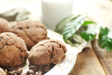 Tray with delicious coffee cookies, closeup