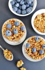 Healthy breakfast. Homemade muesli yogurt and blueberry