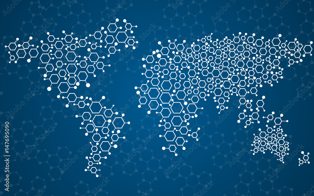 Wall mural abstract world map of hexagonal molecular structures.