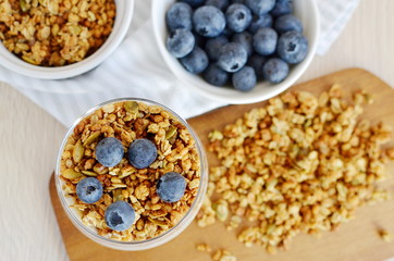 Healthy breakfast. Homemade muesli yogurt and blueberry