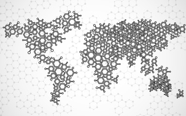 Abstract world map of hexagonal molecular structures.