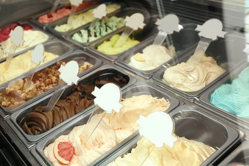Showcase of different ice cream in metal tubs, closeup